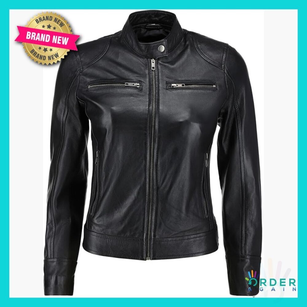 Lambskin Leather Jacket Cafe Racer Style Slim Fit Sleek Zipper Cuffs